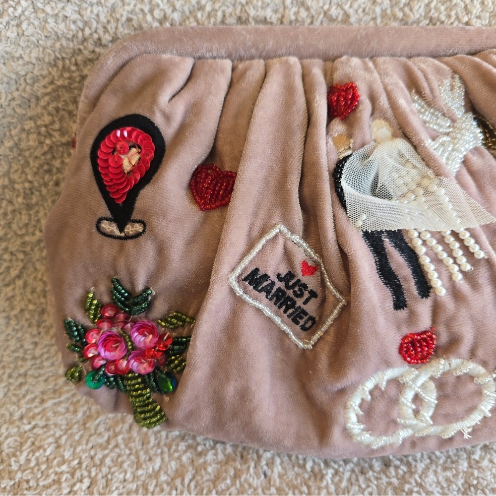 "Just Married" Mauve Velvet Beaded Sequin Rhinestone Clutch Purse Or Crossbody - Picture 4 of 16